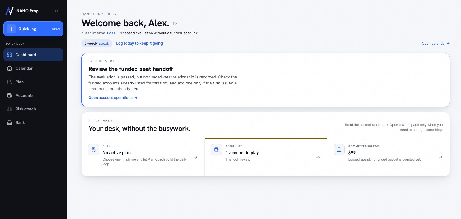Current NANO dashboard preview showing the next action and operating overview for a sample prop-firm desk.
